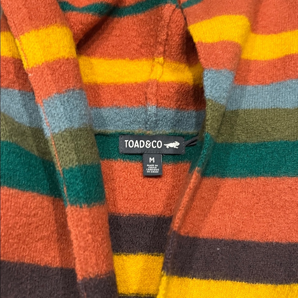 Toad & Co Heartfelt Merino Wool Hoodie in Orange/Yellow/Olive Green/Blue Medium - Picture 3 of 13